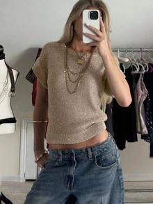 Plus Size Women's Summer Shiny Sequin Knit Short Sleeve Top, Embellished With Exquisite Sequins And Rhinestones, Round Neck Design, Summer Top, Suitable For Daily Wear, Party Occasions And Vacation Wear - Khaki - View 8