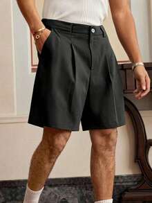 Men's Pleated Casual Shorts, Solid Color, Loose Fit, Button Waist, Summer Street Style, Suitable For Daily Wear And Vacation Sports - Black - View 1