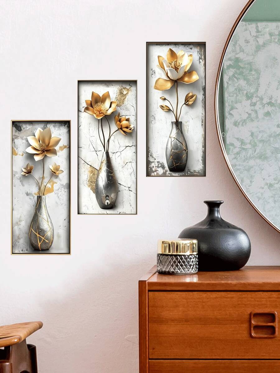 1pc Gold Flower Wall Decal Peel And Stick, Vinyl 3D Flower Wall Sticker, Wall Decor Home Decor Living Room Girls Bedroom Office - 1PC - View 1