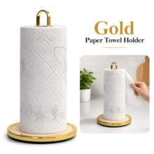 1pc Home Countertop Gold Iron Art Paper Towel Holder, Suitable For Kitchen Desktop, Stable Vertical Roll Holder, Metal Bamboo Wood Base, Fits Standard Kitchen Paper Towel Rolls - Multicolor - View 5