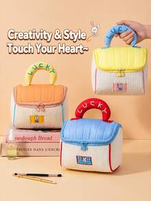 1個輕量手提化妝包，大容量，防震材質，多色拼接可愛設計，兔子圖案可愛方形化妝收納包，適合春夏旅行、生日禮物或節日禮物 - 查看 9