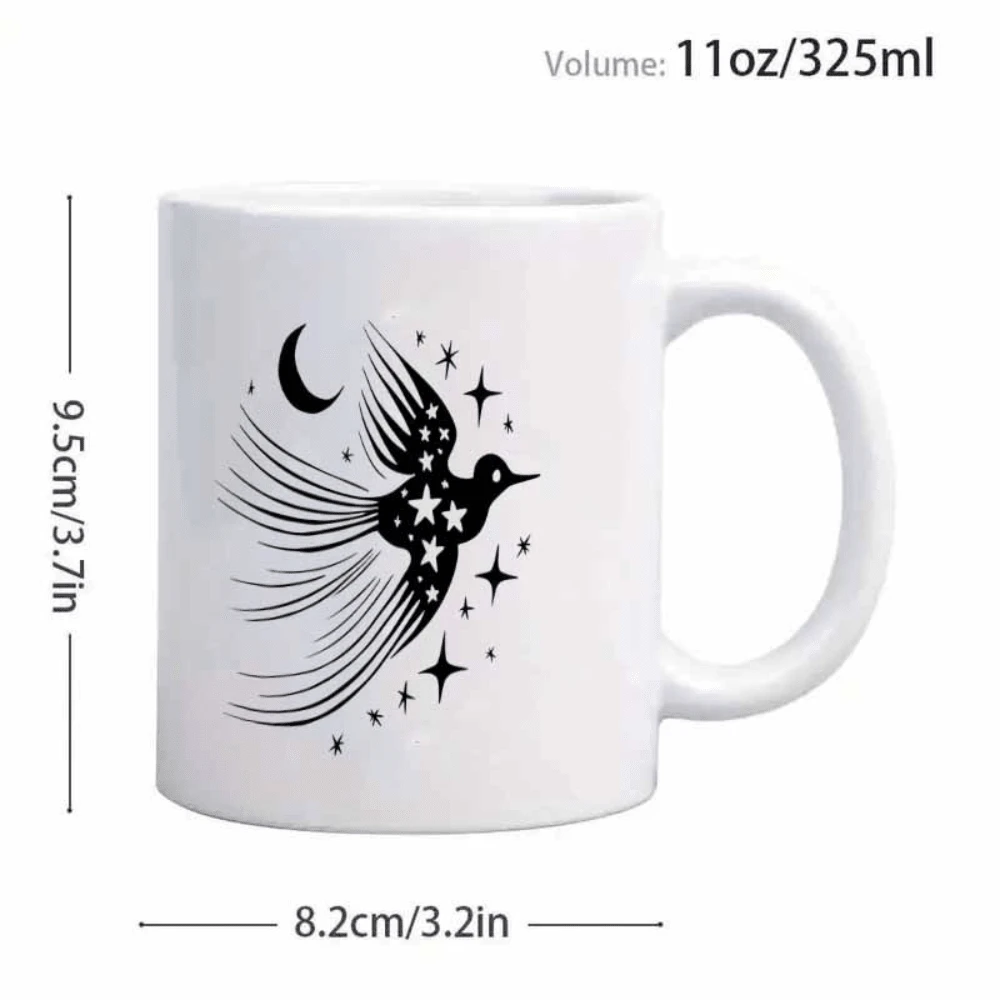 Taza de cerámica con diseño de colibrí celestial y luna, estilo minimalista y estético, ideal para el té de la oficina o como regalo de cumpleaños asequible. - Blanco - Ver 1