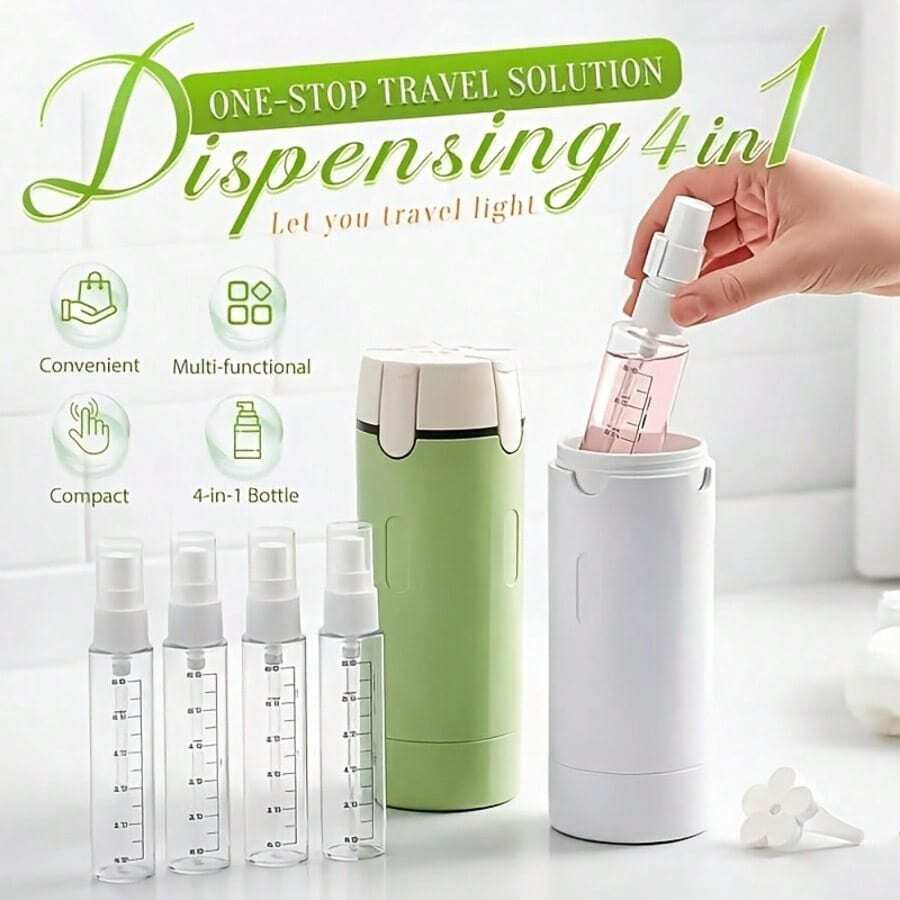 Juego de 4 botellas dispensadoras de viaje a prueba de fugas | Recipientes de plástico redondos recargables para champú, acondicionador, gel de baño y loción - Juego de artículos de tocador de viaje compacto adecuado para todas las estaciones, recargable, portátil a prueba de fugas, cumple con los estándares de de aviación, diseño de bomba