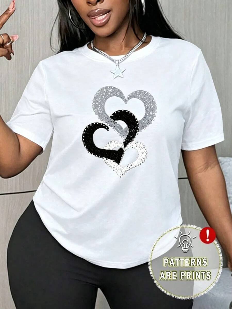 Camiseta Casual Ajustada de Manga Corta para Mujer con Estampado de Corazón - Blanco - Ver 1