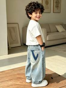 Young Boy Loose Comfortable Straight Leg Pocket Denim Pants Suitable For Daily School Wear - Baby Blue - View 3