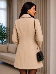 Women's Elegant Waterfall Neck Thigh Length Warm Lined Canvas Overcoat With Button Front And Fitted Waist, Perfect For Fall & Winter Luxury - 米色 - 查看 3