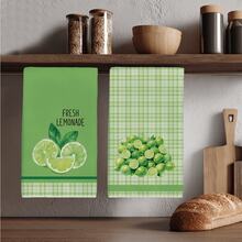 2Pcs Green Watercolor Lemon Print Kitchen Towels Soft Microfiber Dish Hand Cleaning Cloths Cute Fruit Themed Decorative Towels For Kitchen Cooking Baking Housewarming Gift - Green - View 3