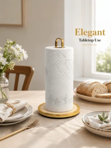 1pc Home Countertop Gold Iron Art Paper Towel Holder, Suitable For Kitchen Desktop, Stable Vertical Roll Holder, Metal Bamboo Wood Base, Fits Standard Kitchen Paper Towel Rolls - Multicolor - View 6