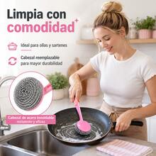 Kit de Limpieza para Ollas: Cepillo con Mango + 3 Recambios de Estropajo Metálico, Fácil de Usar - rosa - Ver 3