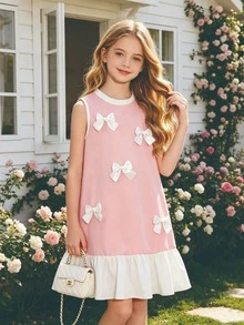 Girls' Casual Solid Color Sleeveless Knee-Length Dress With 3D Bow Decor And Keyhole Back, Suitable For Spring/Summer - Pink - View 1
