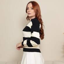 Women's Striped Modal Knit Polo Shirt With Long Sleeves - Black - View 4