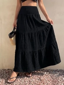 Women's Solid Color Shirred Design Elegant Skirt, Casual & Elegant, Polyester, Shirred, Suitable For Holidays, Office, Dates, Travel, Daily Wear, All Seasons - Black - View 9