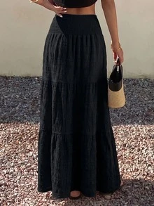 Women's Solid Color Shirred Design Elegant Skirt, Casual & Elegant, Polyester, Shirred, Suitable For Holidays, Office, Dates, Travel, Daily Wear, All Seasons - Black - View 3