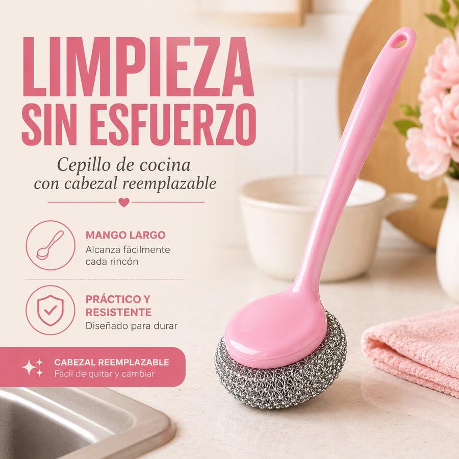Kit de Limpieza para Ollas: Cepillo con Mango + 3 Recambios de Estropajo Metálico, Fácil de Usar - rosa - Ver 1