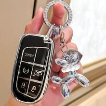 Car Key Fob Cover With Puppy Keychain Fashionable Sparkling Rhinestone Spring Ring, Soft TPU Car Key Protective Case, Compatible With Jeep, Chrysler 200 300, Dodge RAM, Challenger, Voyager - A - View 4