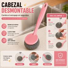 Kit de Limpieza para Ollas: Cepillo con Mango + 3 Recambios de Estropajo Metálico, Fácil de Usar - rosa - Ver 2