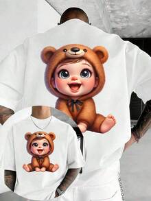 Men's Fashion Summer Solid Color Cat Graphic Crew Neck Short Sleeve T shirt, Double sided Print Breathable Comfortable Versatile Casual Daily Wear Top - Bianco - Visualizzare 1