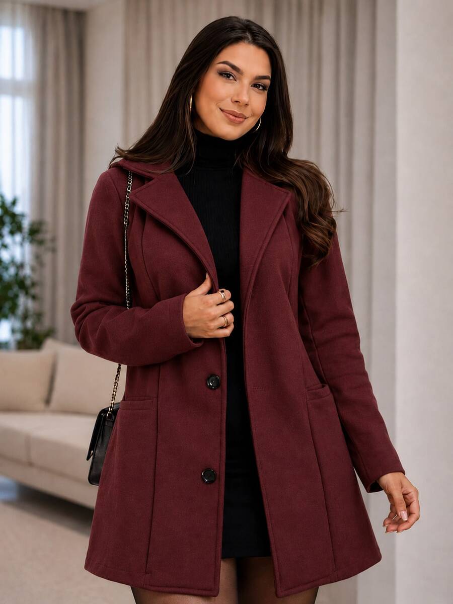 Women's Elegant Thigh-Length Burgundy Overcoat With Fitted Waist And Double-Button Front For Fall And Winter Warmth - 紫紅色 - 查看 1