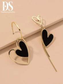 1pair Asymmetrical Heart & Tassel Earrings For Valentine's Day, Fashionable Statement Ear Jewelry, Sweet Long Pendant For Women Daily Wear - Black Asymmetrical Heart - View 2