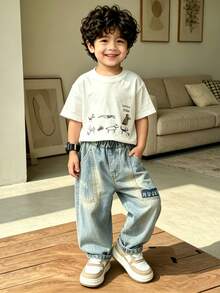 Young Boy Loose Comfortable Straight Leg Pocket Denim Pants Suitable For Daily School Wear - Baby Blue - View 4