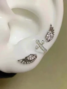 3件裝小巧可愛精緻時尚百搭優雅小眾水鑽十字翼耳釘耳環，適合女性日常、度假、派對配戴 - 十字翅膀 - 查看 3