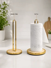 1pc Home Countertop Gold Iron Art Paper Towel Holder, Suitable For Kitchen Desktop, Stable Vertical Roll Holder, Metal Bamboo Wood Base, Fits Standard Kitchen Paper Towel Rolls - Multicolor - View 1