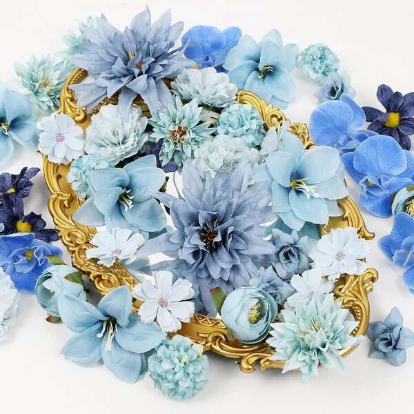 20/40pcs Artificial Flower Material Kit, Blue Mixed Artificial Flowers, Faux Silk Flowers, DIY Handmade Headpiece Garland Materials, Wedding Flower Bags, Valley Beauty Decor, Faux Flower Accessories, DIY Scene Props, Suitable For Wedding Parties, Valentine's Day, Bridal Showers, Birthday Room Decoration (Flower Styles And Colors Shipped Randomly)