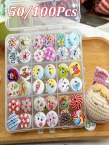 50pcs/100pcs Vintage Painted Wooden Buttons, Round 2-Hole Handmade, DIY Buttons Craft Collage Clothing Accessories Flower Buttons, Random Box - Multicolor - View 2