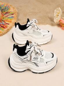 1 Pair White Mesh Breathable Chunky Sneakers For Young Students, Black Patchwork Fabric, Thick Sole Height Increasing Casual Sports Shoes, Non-Slip Lace-Up & Hook-And-Loop Closure, Suitable For Daily Casual, Outdoor Training, Travel, Vacation, Home, Party, New Arrival For Summer And Autumn - Black and White - View 6
