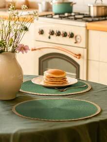 15 Inch Green Round Woven Placemat Set (6/4/1), Washable, Wipeable, Easy To Clean, Heat Resistant, Suitable For Holiday Parties, Indoor And Outdoor Daily Use. Bohemian Style Paper Round Placemat Home Kitchen Table Woven Non-Slip Mat Solid Color Bowl Plate Cup Mat Suitable For Holiday Gatherings, Birthday Parties, Wedding Banquets, Coffee Table Mat, Home Decor Spring/Summer/Autumn/Winter Decoration - Green - View 3