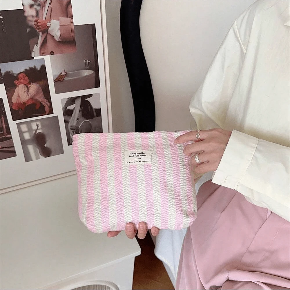 Pink Vertical Striped Pattern Makeup Bag, Durable Large Capacity Storage Bag, Multi-Functional Toiletry Bag, Lipstick Makeup Brush Cosmetic Storage Bag, Ideal Valentine's Day Gift For Women, Essential Makeup Bag For Vacation And Travel - Watermelon Pink - View 1