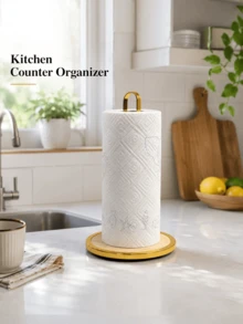 1pc Home Countertop Gold Iron Art Paper Towel Holder, Suitable For Kitchen Desktop, Stable Vertical Roll Holder, Metal Bamboo Wood Base, Fits Standard Kitchen Paper Towel Rolls - Multicolor - View 4