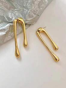 1pair European And American Simple Long Metal Dangling Water Drop Earrings, Unique Minimalist Design, Fashionable Ear Jewelry - Gold - View 6