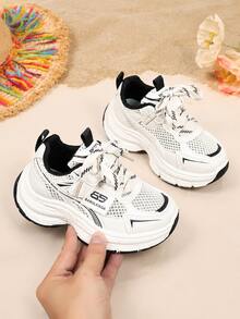 1 Pair White Mesh Breathable Chunky Sneakers For Young Students, Black Patchwork Fabric, Thick Sole Height Increasing Casual Sports Shoes, Non-Slip Lace-Up & Hook-And-Loop Closure, Suitable For Daily Casual, Outdoor Training, Travel, Vacation, Home, Party, New Arrival For Summer And Autumn - Black and White - View 2