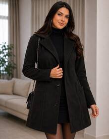 Elegant Women's Black Thigh-Length Overcoat With Double-Breasted Buttons, Fitted Waist, And Warm Lining, Perfect For Fall & Winter - Hitam - View 2