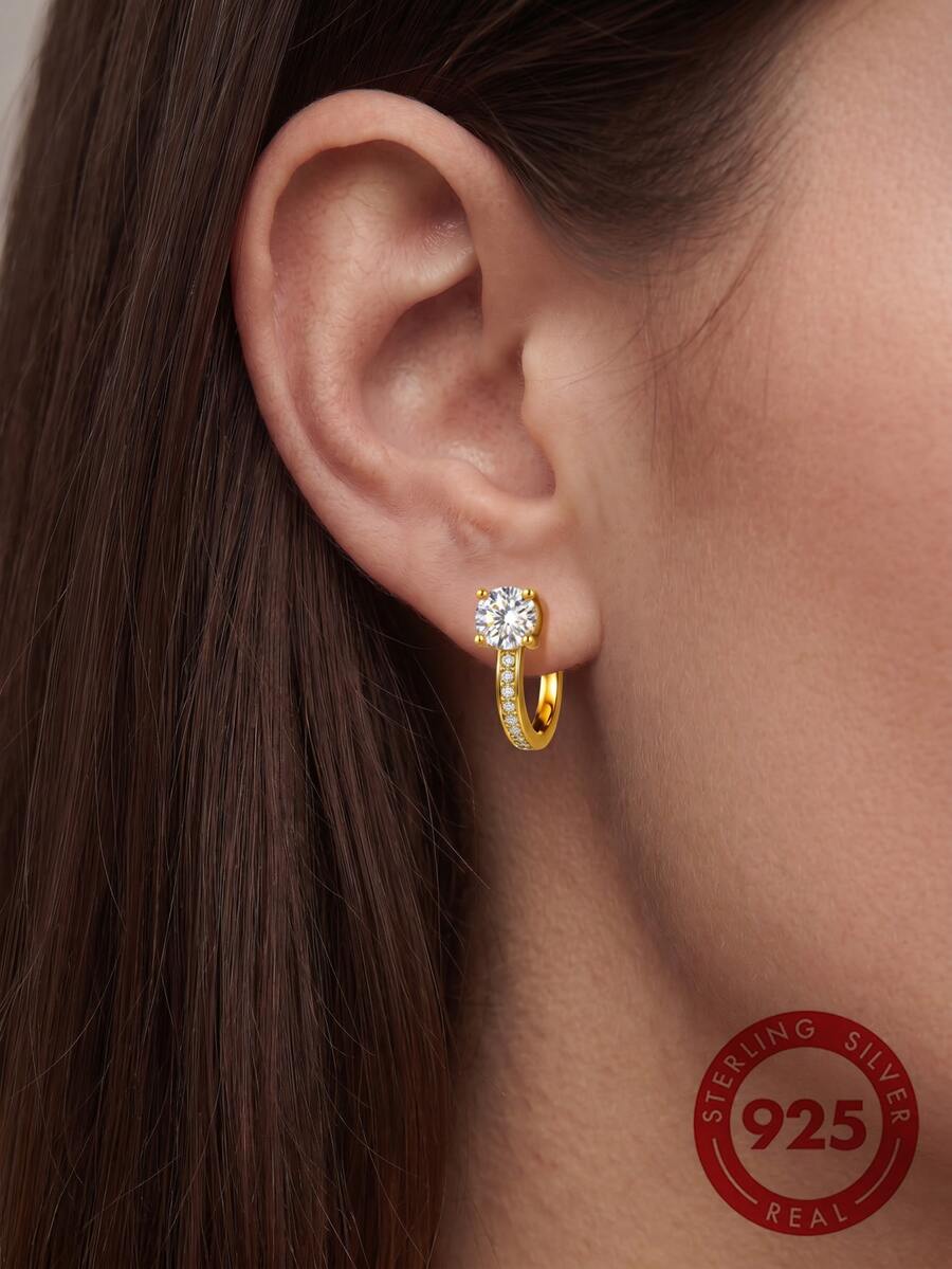 S925 Sterling Silver 4-Prong Cubic Zirconia Sparkling Earrings, French Luxury Elegant Romantic Ear Jewelry, Suitable For Daily Wear, Weddings, Holiday Occasions, Ideal Valentine's Day Gift For Women - Gold - View 1