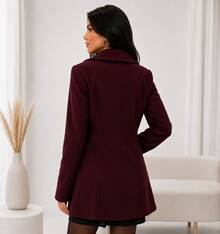 Women's Elegant Thigh-Length Burgundy Overcoat With Fitted Waist And Double-Button Front For Fall And Winter Warmth - 紫紅色 - 查看 4