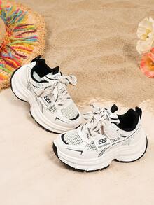 1 Pair White Mesh Breathable Chunky Sneakers For Young Students, Black Patchwork Fabric, Thick Sole Height Increasing Casual Sports Shoes, Non-Slip Lace-Up & Hook-And-Loop Closure, Suitable For Daily Casual, Outdoor Training, Travel, Vacation, Home, Party, New Arrival For Summer And Autumn - Black and White - View 3