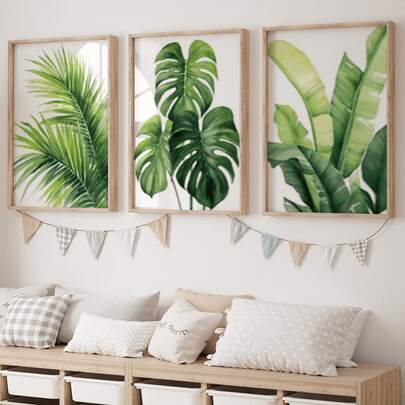 3 PiecesTropical Leaf Art Print Set, Featuring Monstera And Palm Leaves, In A Modern Classic Art Deco Style. Canvas Wall Art Printed With Waterproof Ink On Canvas-Spring And Summer-Themed Canvas Wall Art, Home Decor, Canvas Prints
