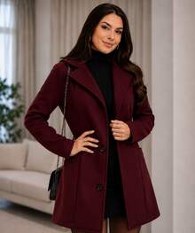 Women's Elegant Thigh-Length Burgundy Overcoat With Fitted Waist And Double-Button Front For Fall And Winter Warmth - 紫紅色 - 查看 2