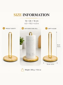 1pc Home Countertop Gold Iron Art Paper Towel Holder, Suitable For Kitchen Desktop, Stable Vertical Roll Holder, Metal Bamboo Wood Base, Fits Standard Kitchen Paper Towel Rolls - Multicolor - View 2