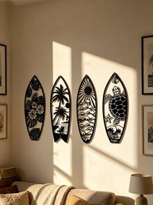 4er Set Metall Surfbrett Wanddekoration - Sommer Strand Schild, mit Schildkröten- und Palmenbaum-Design - Küsten Wandkunst, geeignet für Türdekoration und Heimdekoration, Heimdekoration, Raumdekoration, Wanddekoration - Schwarz - Übersicht 3