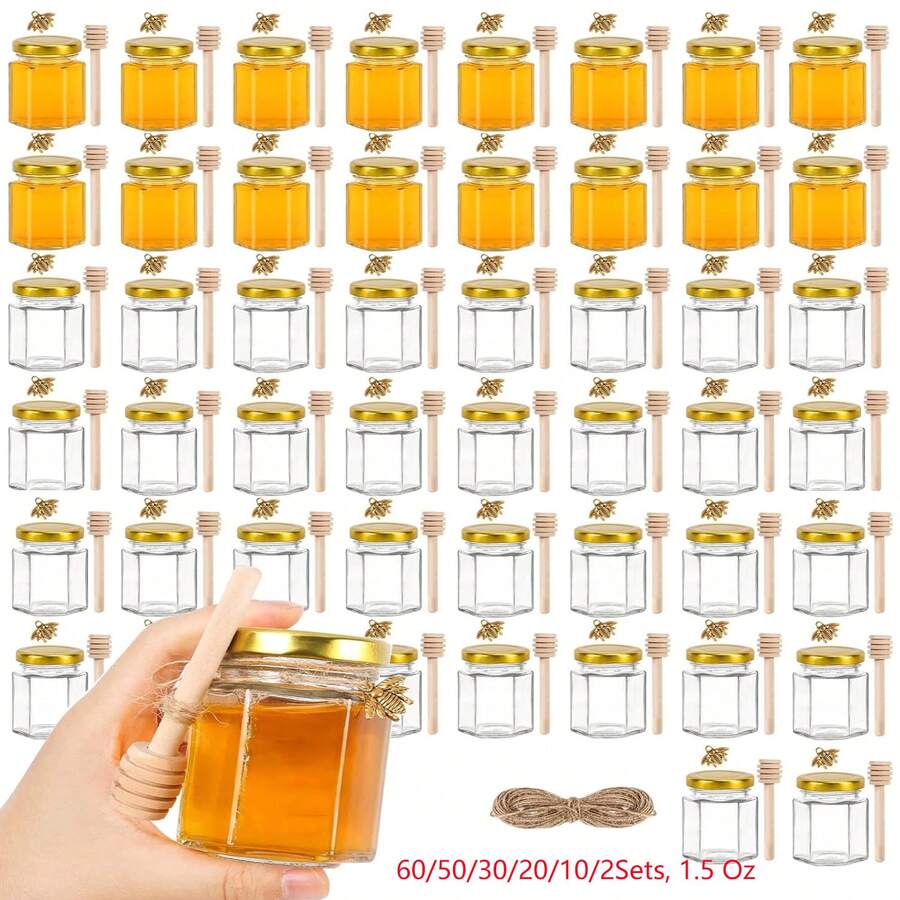 60/50/30/20/10/2 bộ, hũ thủy tinh mini hình lục giác 1.5oz đựng mật ong kèm muỗng lấy mật bằng gỗ, nắp vàng, charm hình ong và dây thừng đay, hoàn hảo cho tiệc mừng em bé, quà cưới, quà tiệc - Nhiều màu - Xem 1