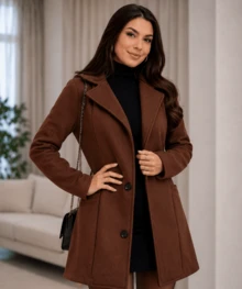 Women's Elegant Thigh-Length Brown Overcoat With Waterfall Neckline And Double Button Front, Perfect For Fall & Winter Warmth - Rust Brown - View 2