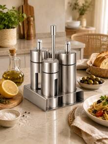 3/4Pcs Stainless Steel Kitchen Condiment Container Set, Oil Dispenser And Seasoning Jars With Holder For Home, Restaurant And Dining Table - Silver - View 1