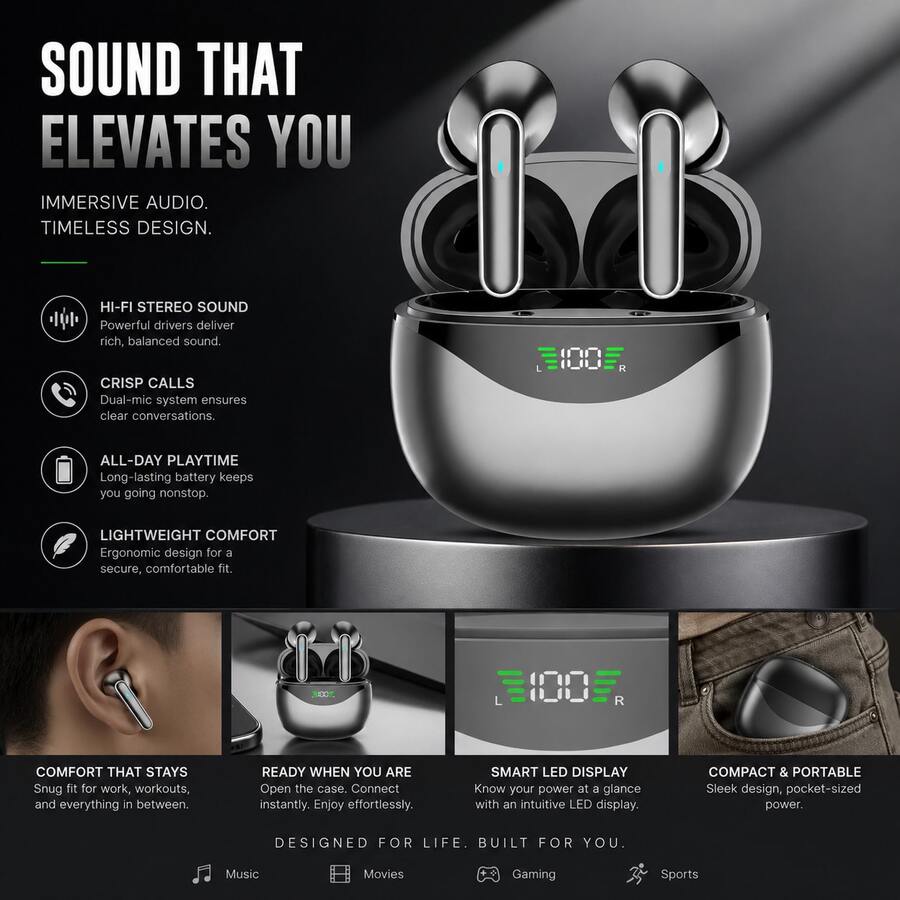 TWS Wireless Earbuds, Deep Bass Stereo + Call Noise Cancellation, Long Battery Life, In-Ear Design Suitable For Sports And Running, Low Latency Gaming Mode, HiFi Sound Quality, Lightweight Touch Control Design, Fashionable Appearance