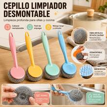 Kit de Limpieza para Ollas: Cepillo con Mango + 3 Recambios de Estropajo Metálico, Fácil de Usar - rosa - Ver 4