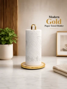 1pc Home Countertop Gold Iron Art Paper Towel Holder, Suitable For Kitchen Desktop, Stable Vertical Roll Holder, Metal Bamboo Wood Base, Fits Standard Kitchen Paper Towel Rolls - Multicolor - View 7