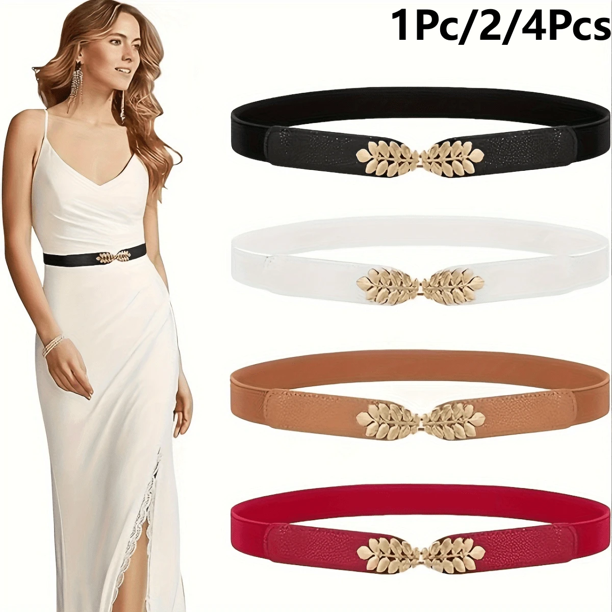 1pc/2pcs/4pcs Women's Minimalist Versatile Leaf Buckle Elastic Belt, Adjustable Decorative Accessory, Suitable For Dresses, Elegant Waist-Cinched Belt