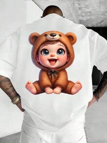 Men's Fashion Summer Solid Color Cat Graphic Crew Neck Short Sleeve T shirt, Double sided Print Breathable Comfortable Versatile Casual Daily Wear Top - Bianco - Visualizzare 3